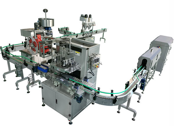 双头粉剂灌装旋盖贴标套膜收缩生产线